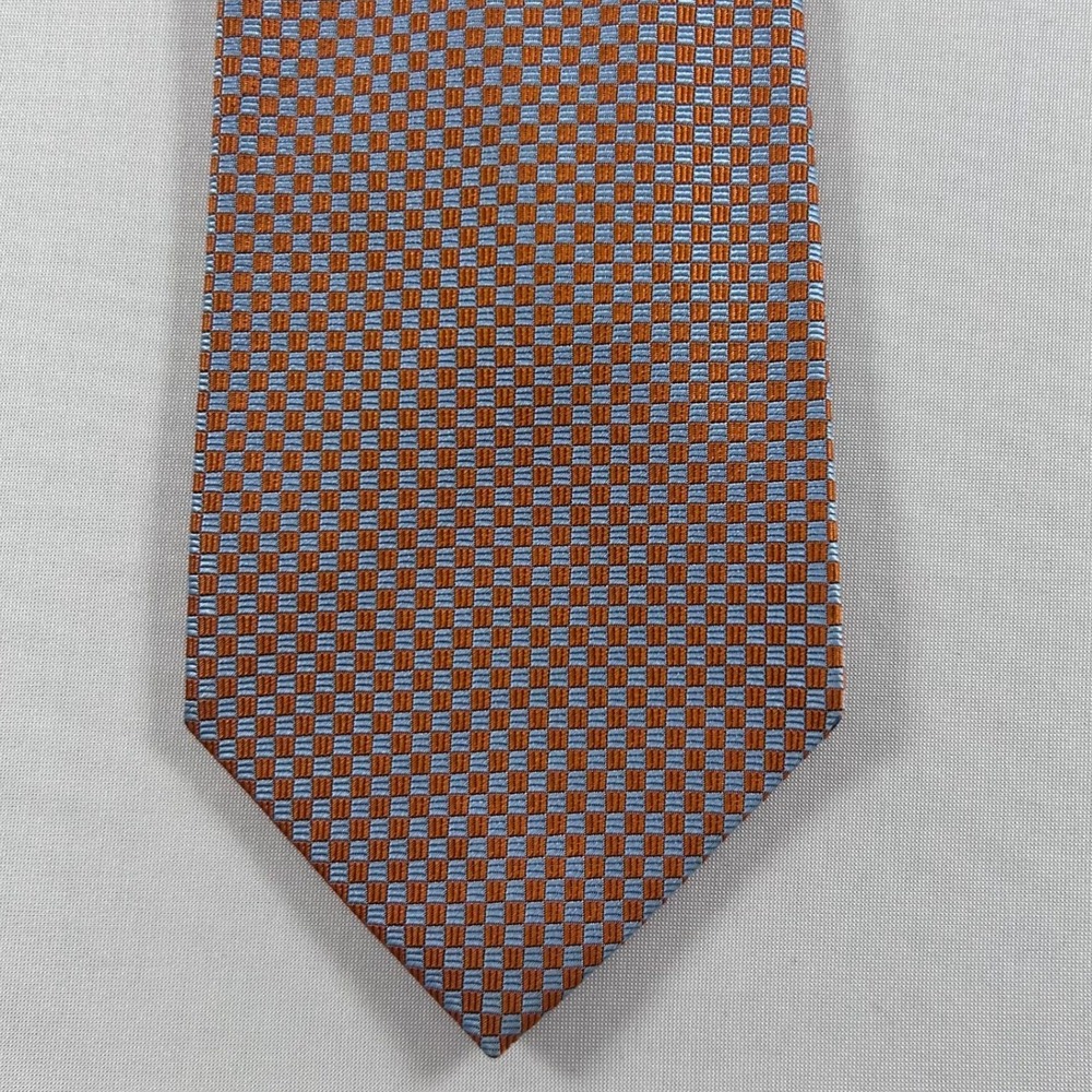 Drakes London Barneys New York Tie Mens Orange Blue Silk Check Handmade England